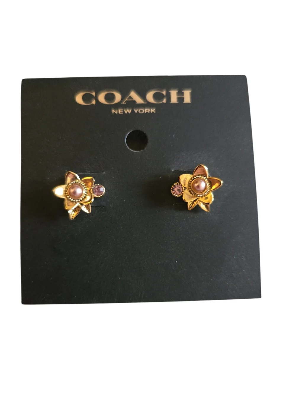 NWT Coach Gold Tone Wildflower Stud Earrings Pink Pearl Pink Crystal Gem - Picture 2 of 5